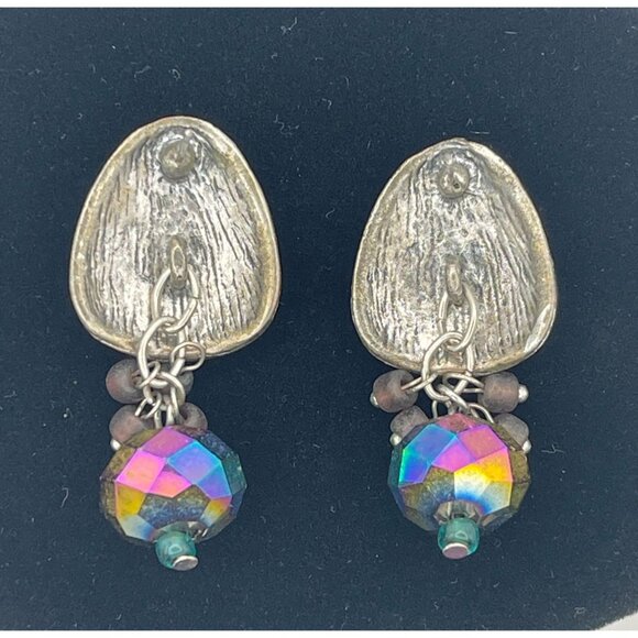 Iridescent Post Back Dangle Earrings Blues Greens Pinks 2" - Picture 4 of 6